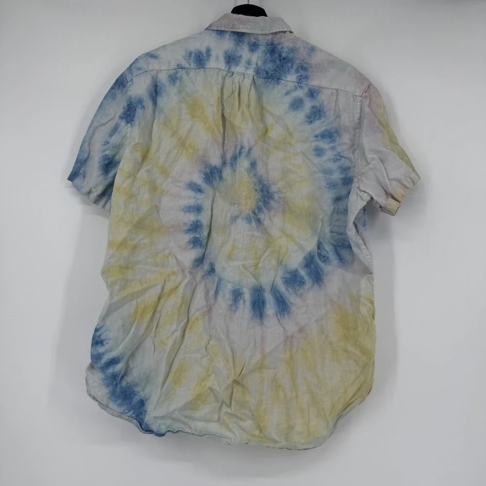 J. Crew Mens Large 100% Linen Tie Dye Short Sleeve Button Down Shirt Blue Yellow